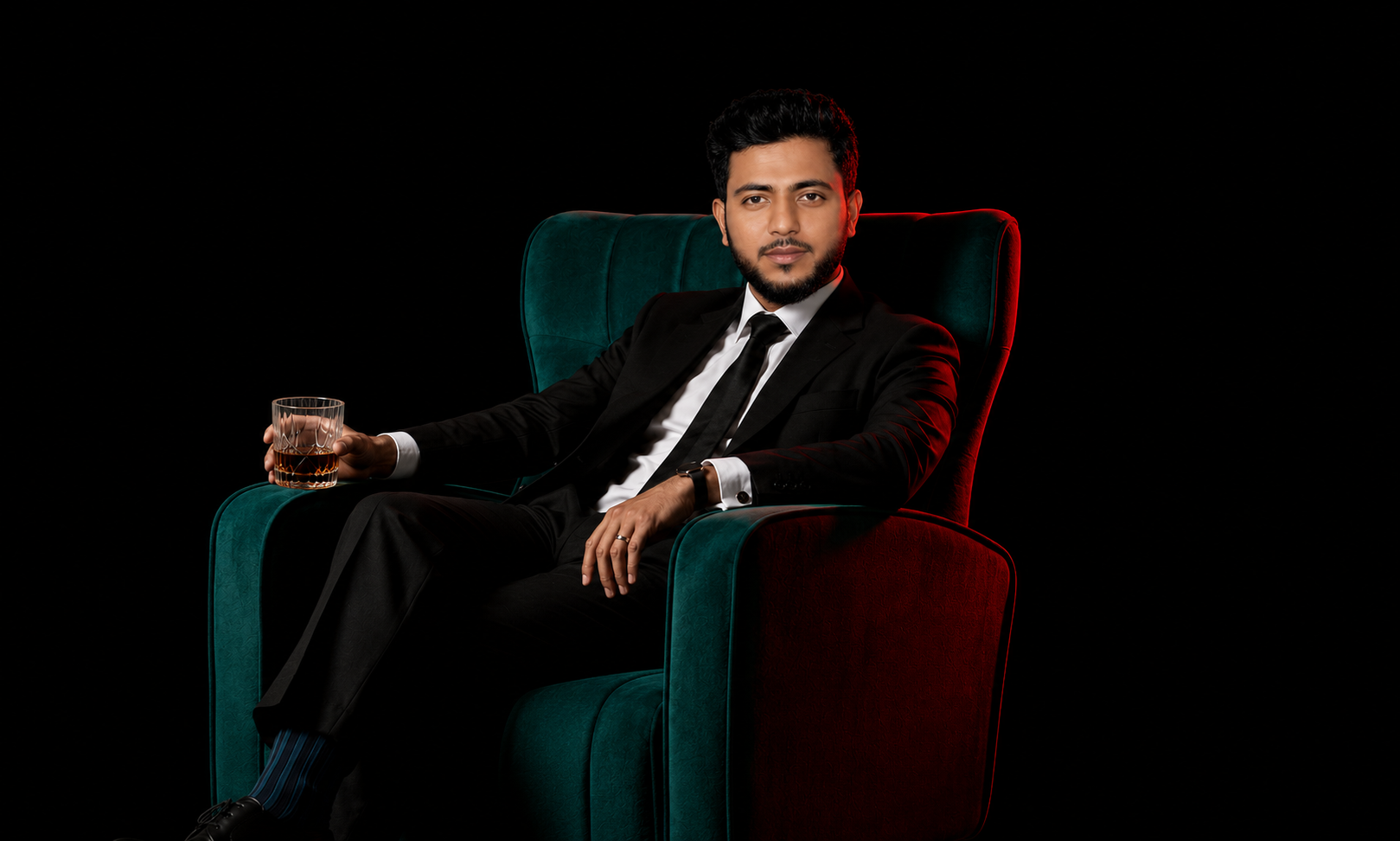 Monir - Creative Director seated on chair, full body cinematic portrait